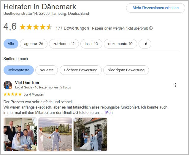 Bewertung Bineli Heiraten in Dänemark